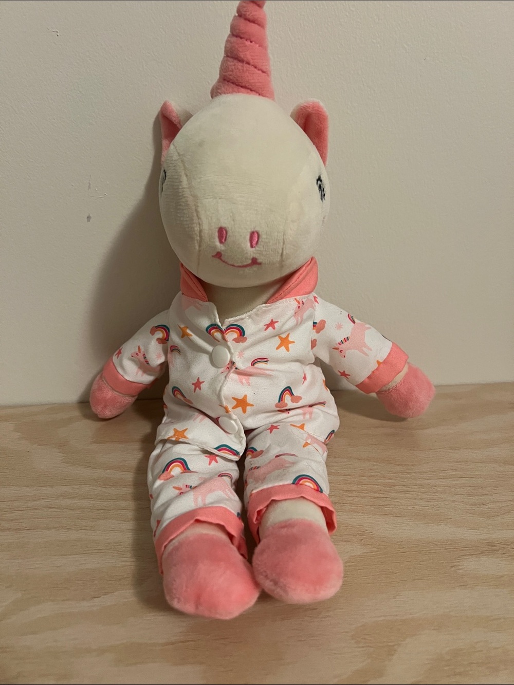 Plush Unicorn Stuffed Animal in Pink and White Pajamas